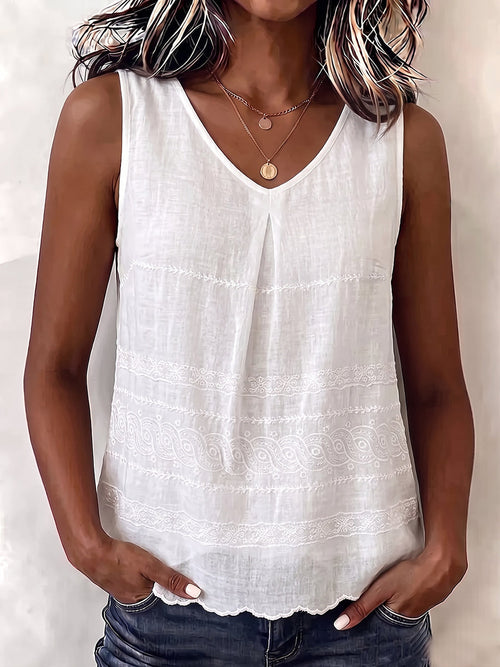 Gilet vintage en coton-lin brodé floral à col en V