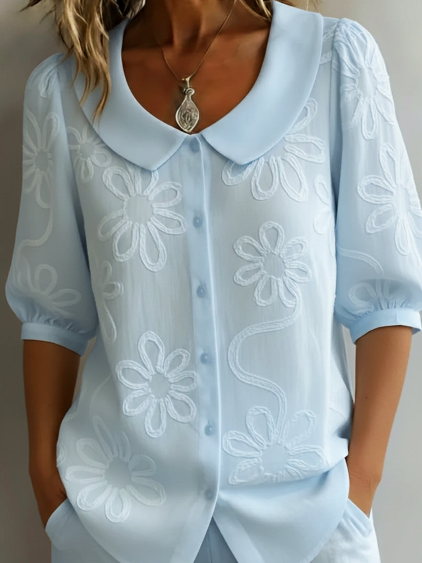 Vintage Peter Pan collar shirt with floral embroidery