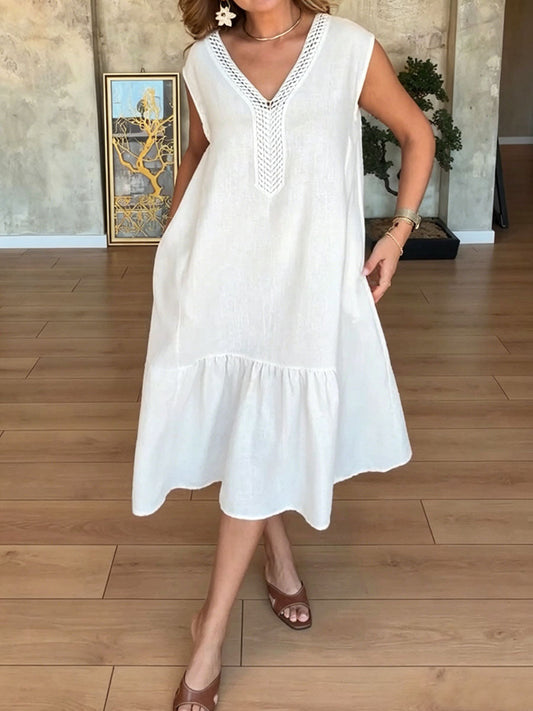 Robe décontractée sans manches en coton et lin, de couleur unie, avec col en V pour femme