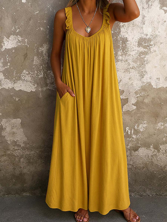 Robe décontractée sans manches en coton-lin de couleur unie à col carré pour femmes