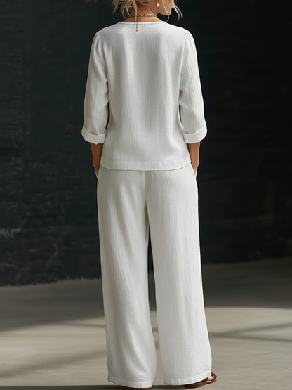 NOUVEAU🔥Ensemble deux pièces : chemise minimaliste à col en V et pantalon à jambes larges