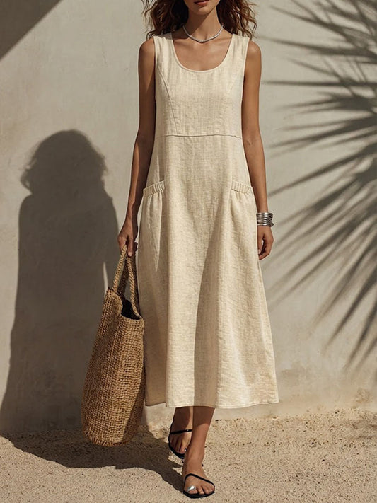 Robe décontractée sans manches en coton-lin unie à col rond pour femme