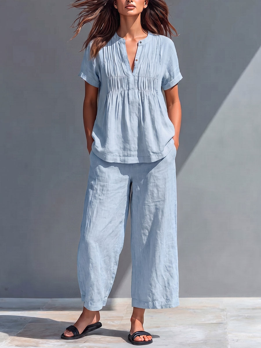 Ensemble en coton-lin uni pour femme : Haut ample à manches courtes et col rond & pantalon taille haute à jambes larges