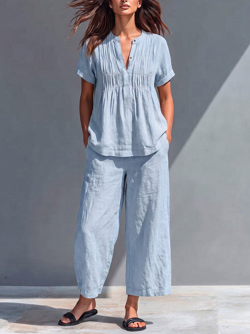 Ensemble en coton-lin uni pour femme : Haut ample à manches courtes et col rond & pantalon taille haute à jambes larges