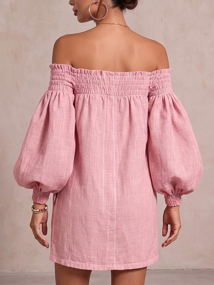 Robe décontractée ample en coton et lin à manches longues et épaules dénudées pour femme