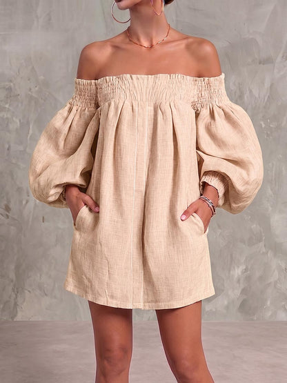 Robe décontractée ample en coton et lin à manches longues et épaules dénudées pour femme
