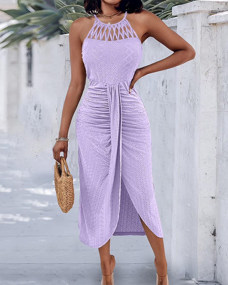 Robe décontractée à col licou, nouée, croisée devant, en jacquard tricoté texturé avec fente, robe de vacances drapée ajourée