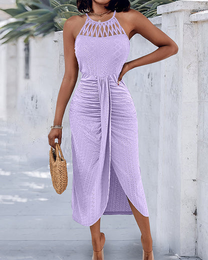 Robe décontractée à col licou, nouée, croisée devant, en jacquard tricoté texturé avec fente, robe de vacances drapée ajourée