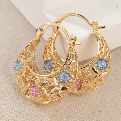 📢📢30% OFF!! ⏰ Gold-Plated Crescent Hoop Earrings with Enamel Flowers - Clothing & Accessories