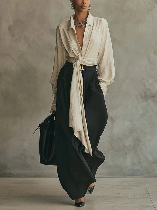 Set including a bow shirt and wide-leg trousers