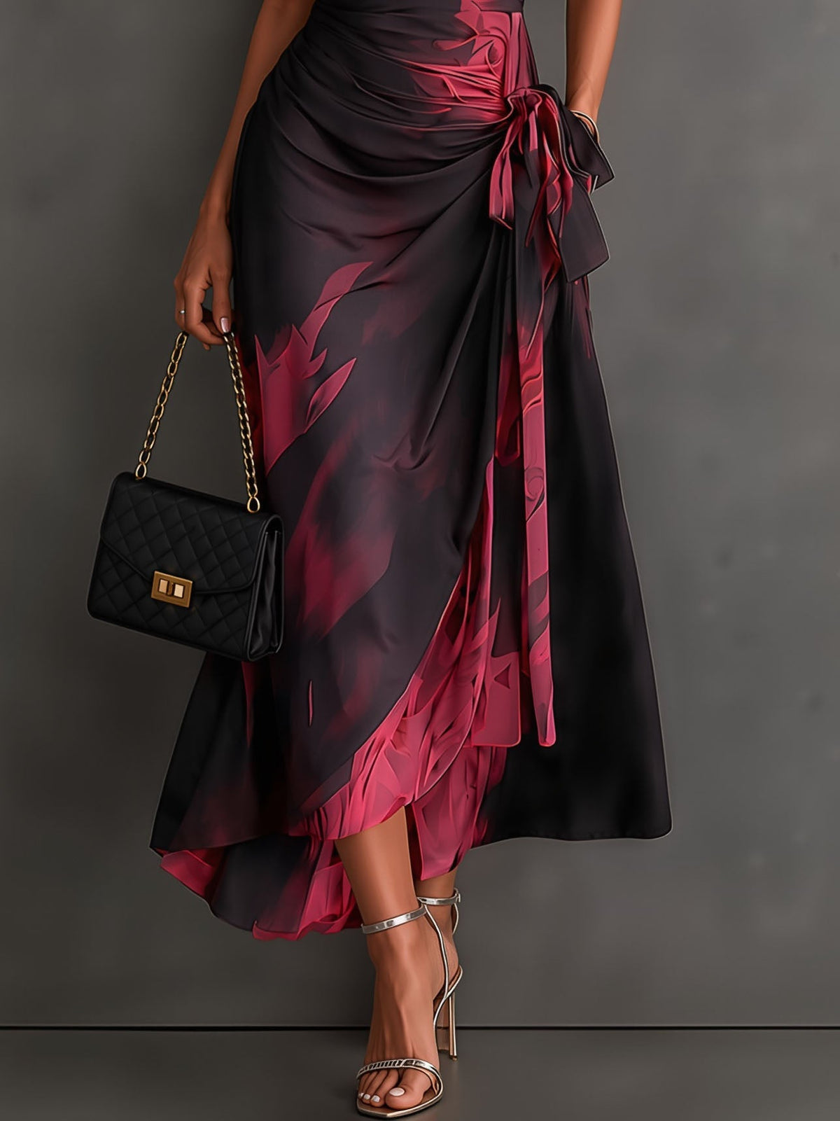 Robe Midi Cache-cœur Imprimé Abstrant Rouge et Noir Col V Manches Courtes Ceinture Nouée Ourlet Asymétrique Volanté