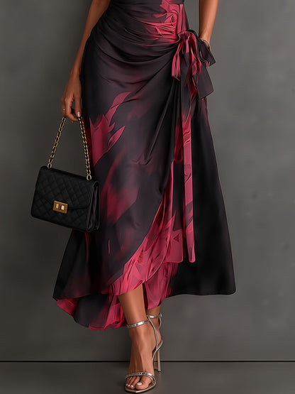 Robe Midi Cache-cœur Imprimé Abstrant Rouge et Noir Col V Manches Courtes Ceinture Nouée Ourlet Asymétrique Volanté