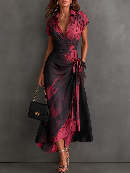 Robe Midi Cache-cœur Imprimé Abstrant Rouge et Noir Col V Manches Courtes Ceinture Nouée Ourlet Asymétrique Volanté