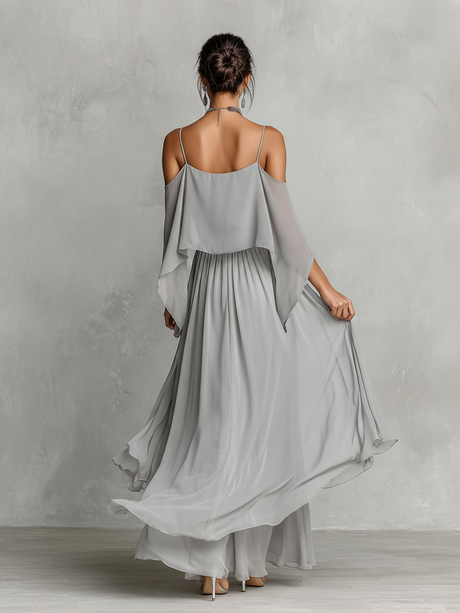 Robe longue femme grise en mousseline respirante avec détail épaules dénudées et silhouette évasée