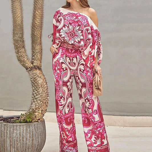 Women's two-piece casual and trendy printed outfit, one-shoulder top with drawstring, ruching, loose and with pocket, paired with wide-leg pants.