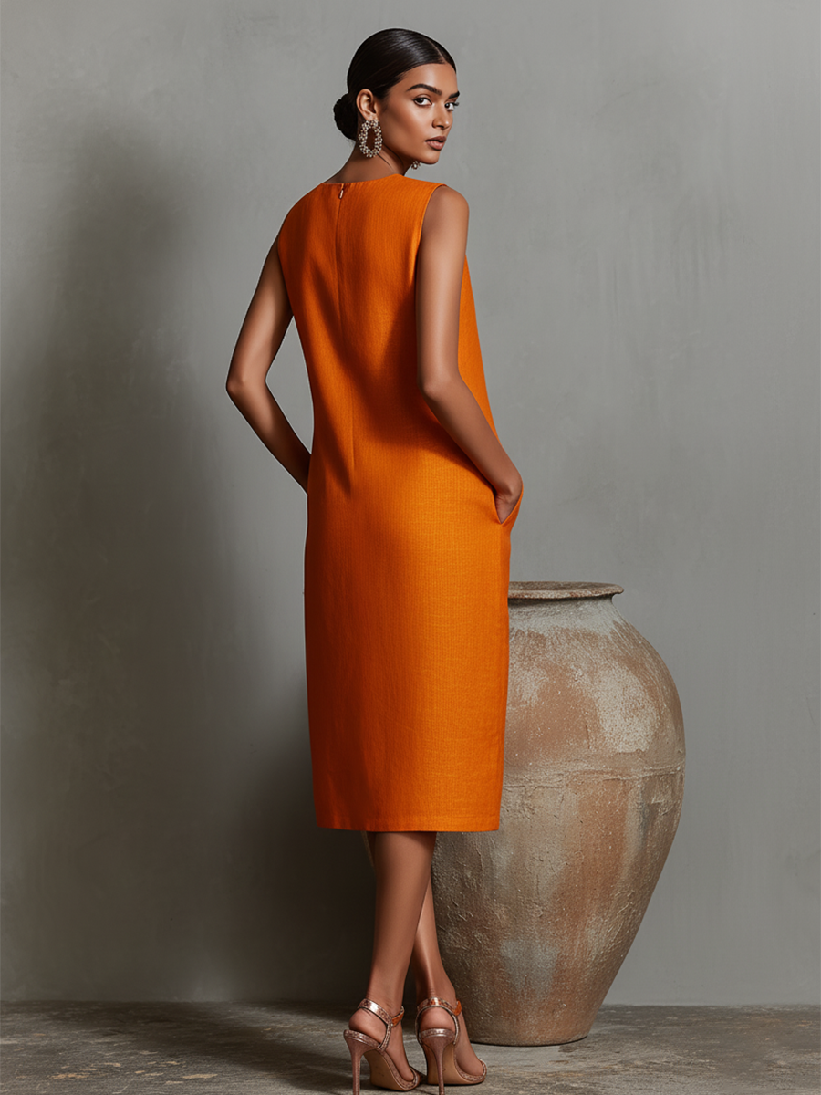 Robe chemise en lin orange pour femme avec encolure ronde sans manches et poches latérales, une robe au style intemporel, minimaliste et élégant